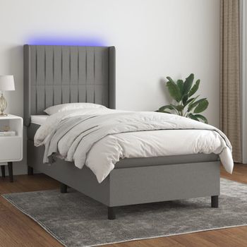 Cama Individual | Cama Box Spring | Cama Para Adultos Colchón Y Luces Led Tela Gris Oscuro 80x200 Cm Cfw795488