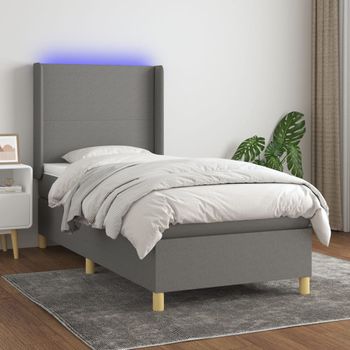 Cama Individual | Cama Box Spring | Cama Para Adultos Colchón Y Luces Led Tela Gris Oscuro 80x200 Cm Cfw647716