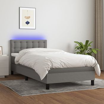 Cama Individual | Cama Box Spring | Cama Para Adultos Colchón Y Luces Led Tela Gris Oscuro 90x190 Cm Cfw132782