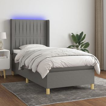 Cama Individual | Cama Box Spring | Cama Para Adultos Colchón Y Luces Led Tela Gris Oscuro 90x190 Cm Cfw523308