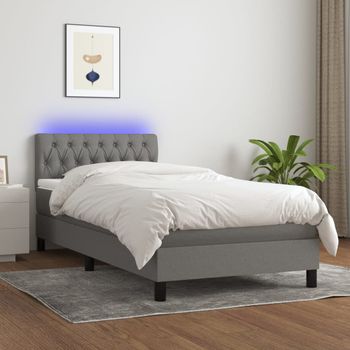 Cama Individual | Cama Box Spring | Cama Para Adultos Colchón Y Luces Led Tela Gris Oscuro 90x190 Cm Cfw822790