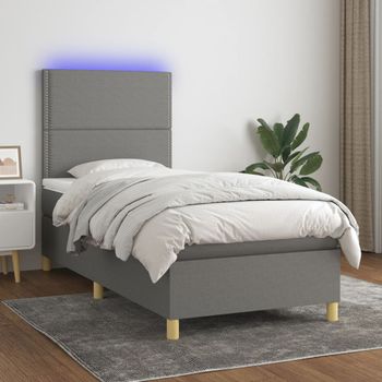 Cama Individual | Cama Para Adultos | Cama Box Spring Colchón Y Luces Led Tela Gris Oscuro 90x190 Cm Cfw470632