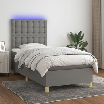 Cama Para Adulto | Cama Individual | Cama Box Spring Colchón Y Luces Led Tela Gris Oscuro 90x190 Cm Cfw488626