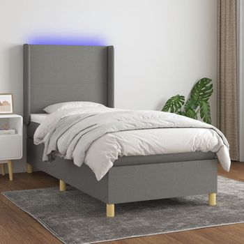 Cama Individual | Cama Box Spring | Cama Para Adultos Colchón Y Luces Led Tela Gris Oscuro 90x200 Cm Cfw986177