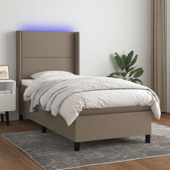 Cama Individual | Cama Para Adultos | Cama Box Spring Colchón Y Luces Led Tela Gris Taupe 100x200 Cm Cfw512483