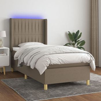 Cama Individual | Cama Box Spring | Cama Para Adultos Colchón Y Luces Led Tela Gris Taupe 100x200 Cm Cfw198988