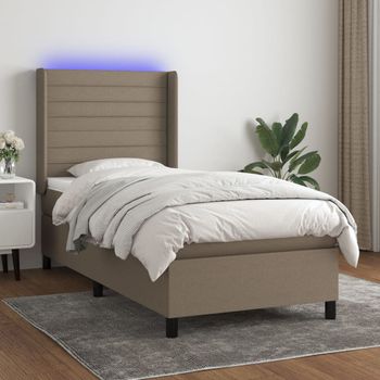 Cama Individual | Cama Box Spring | Cama Para Adultos Colchón Y Luces Led Tela Gris Taupe 100x200 Cm Cfw283427