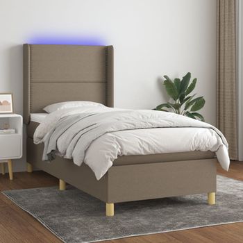 Cama Individual | Cama Para Adultos | Cama Box Spring Colchón Y Luces Led Tela Gris Taupe 100x200 Cm Cfw355285