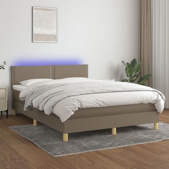 Cama Para Adultos | Cama Box Spring Colchón Y Luces Led Tela Gris Taupe 140x190 Cm Cfw216200