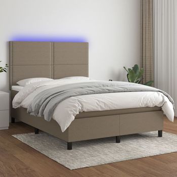 Cama Matrimonial | Cama Para Adultos | Cama Box Spring Colchón Y Luces Led Tela Gris Taupe 140x190 Cm Cfw535807