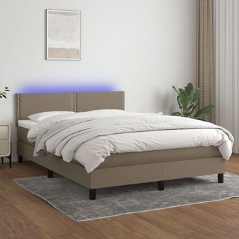 Cama Para Adultos | Cama Box Spring Colchón Y Luces Led Tela Gris Taupe 140x190 Cm Cfw181367