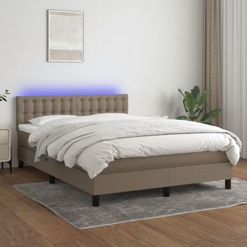 Cama Doble | Cama Box Spring | Cama Para Adultos Colchón Y Luces Led Tela Gris Taupe 140x190 Cm Cfw609142