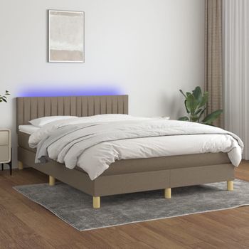 Cama Para Adultos | Cama Box Spring Colchón Y Luces Led Tela Gris Taupe 140x190 Cm Cfw508198