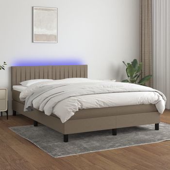 Cama Para Adultos | Cama Box Spring Colchón Y Luces Led Tela Gris Taupe 140x190 Cm Cfw740855