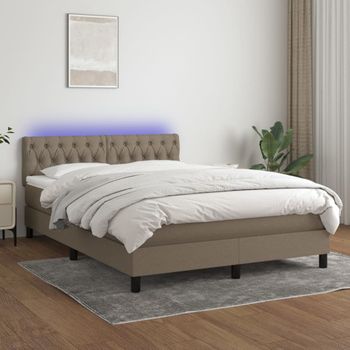 Cama Doble | Cama Box Spring | Cama Para Adultos Colchón Y Luces Led Tela Gris Taupe 140x190 Cm Cfw235680