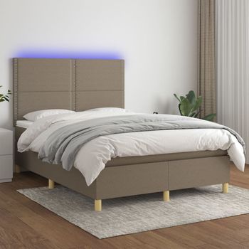 Cama Matrimonial | Cama Para Adultos | Cama Box Spring Colchón Y Luces Led Tela Gris Taupe 140x190 Cm Cfw484668