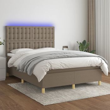 Cama Matrimonial | Cama Para Adultos | Cama Box Spring Colchón Y Luces Led Tela Gris Taupe 140x190 Cm Cfw777342