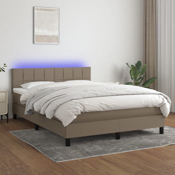 Cama Matrimonial | Cama Para Adultos | Cama Box Spring Colchón Y Luces Led Tela Gris Taupe 140x190 Cm Cfw605621