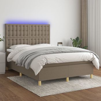 Cama Matrimonial | Cama Para Adultos | Cama Box Spring Colchón Y Luces Led Tela Gris Taupe 140x200 Cm Cfw789676