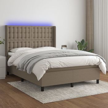 Cama Matrimonial | Cama Para Adultos | Cama Box Spring Colchón Y Luces Led Tela Gris Taupe 140x200 Cm Cfw377575