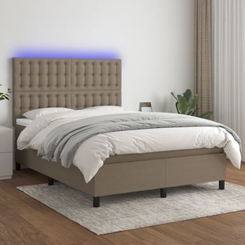 Cama Matrimonial | Cama Para Adultos | Cama Box Spring Colchón Y Luces Led Tela Gris Taupe 140x200 Cm Cfw374178