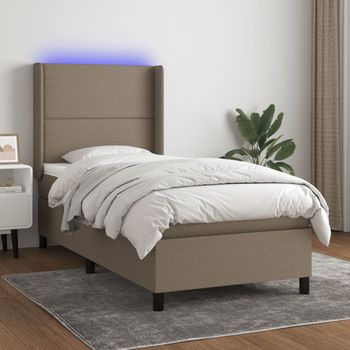 Cama Individual | Cama Para Adultos | Cama Box Spring Colchón Y Luces Led Tela Gris Taupe 90x190 Cm Cfw697856