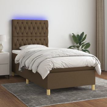 Cama Individual | Cama Para Adultos | Cama Box Spring Colchón Y Luces Led Tela Marrón Oscuro 90x190cm Cfw602999