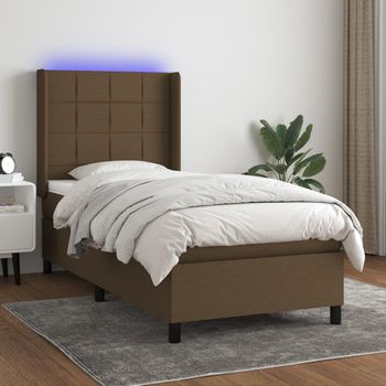 Cama Individual | Cama Para Adultos | Cama Box Spring Colchón Y Luces Led Tela Marrón Oscuro 90x200cm Cfw631189