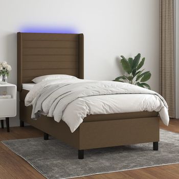 Cama Para Adulto | Cama Individual | Cama Box Spring Colchón Y Luces Led Tela Marrón Oscuro 90x200cm Cfw601208