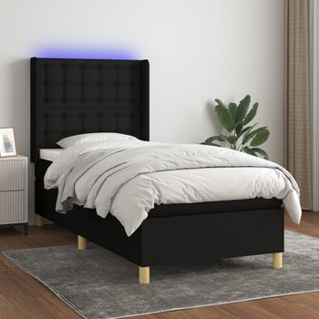 Cama Individual | Cama Box Spring | Cama Para Adultos Colchón Y Luces Led Tela Negro 100x200 Cm Cfw924128