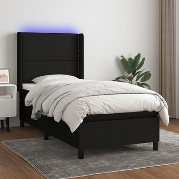 Cama Individual | Cama Para Adultos | Cama Box Spring Colchón Y Luces Led Tela Negro 100x200 Cm Cfw406919