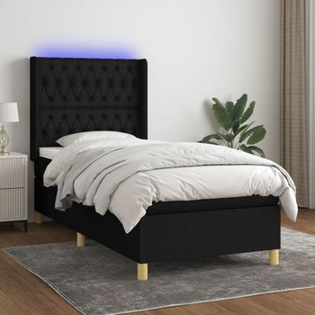 Cama Individual | Cama Box Spring | Cama Para Adultos Colchón Y Luces Led Tela Negro 100x200 Cm Cfw443748