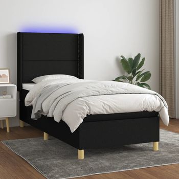 Cama Individual | Cama Para Adultos | Cama Box Spring Colchón Y Luces Led Tela Negro 100x200 Cm Cfw579209