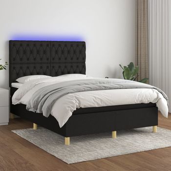 Cama Doble | Cama Box Spring | Cama Para Adultos Colchón Y Luces Led Tela Negro 140x190 Cm Cfw354313