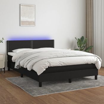 Cama Matrimonial | Cama Para Adultos | Cama Box Spring Colchón Y Luces Led Tela Negro 140x190 Cm Cfw640822