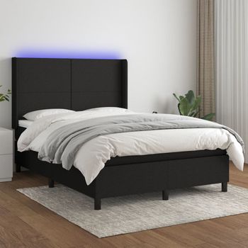 Cama Matrimonial | Cama Para Adultos | Cama Box Spring Colchón Y Luces Led Tela Negro 140x190 Cm Cfw235403