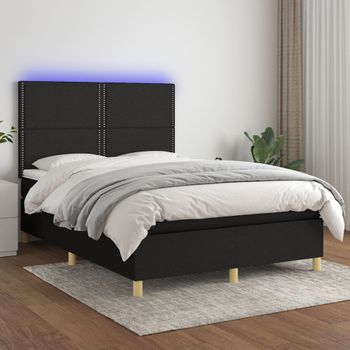 Cama Matrimonial | Cama Para Adultos | Cama Box Spring Colchón Y Luces Led Tela Negro 140x190 Cm Cfw856255