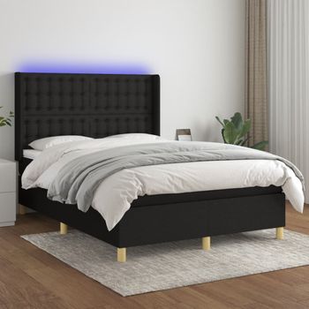 Cama Matrimonial | Cama Para Adultos | Cama Box Spring Colchón Y Luces Led Tela Negro 140x190 Cm Cfw305194