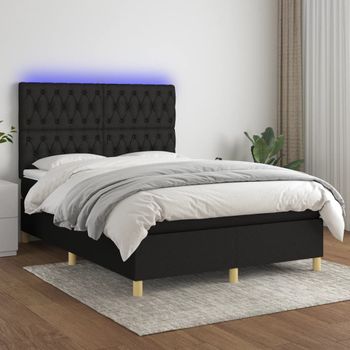 Cama Doble | Cama Box Spring | Cama Para Adultos Colchón Y Luces Led Tela Negro 140x200 Cm Cfw108145