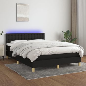 Cama Matrimonial | Cama Para Adultos | Cama Box Spring Colchón Y Luces Led Tela Negro 140x200 Cm Cfw554200