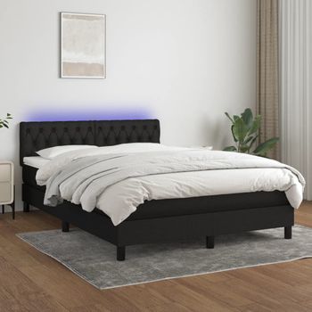 Cama Doble | Cama Box Spring | Cama Para Adultos Colchón Y Luces Led Tela Negro 140x200 Cm Cfw873040