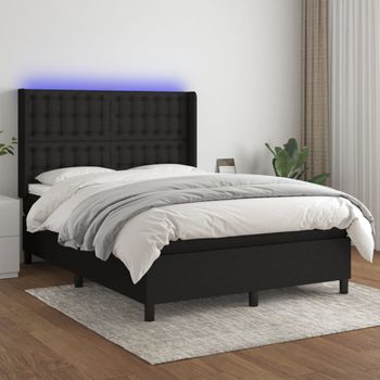 Cama Matrimonial | Cama Para Adultos | Cama Box Spring Colchón Y Luces Led Tela Negro 140x200 Cm Cfw800208