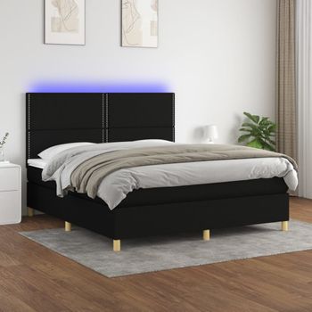 Cama Matrimonial | Cama Para Adultos | Cama Box Spring Colchón Y Luces Led Tela Negro 180x200 Cm Cfw242363