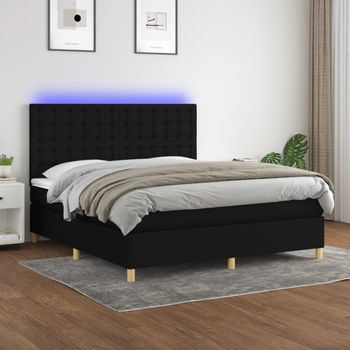 Cama Matrimonial | Cama Para Adultos | Cama Box Spring Colchón Y Luces Led Tela Negro 180x200 Cm Cfw231144