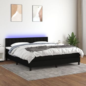 Cama Matrimonial | Cama Para Adultos | Cama Box Spring Colchón Y Luces Led Tela Negro 180x200 Cm Cfw843653