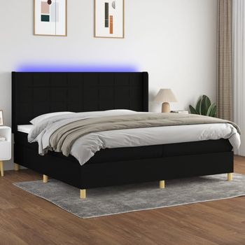 Cama Doble | Cama Box Spring | Cama Para Adultos Colchón Y Luces Led Tela Negro 200x200 Cm Cfw665214