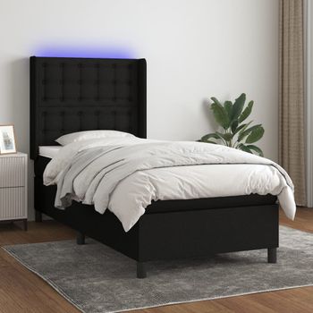 Cama Individual | Cama Box Spring | Cama Para Adultos Colchón Y Luces Led Tela Negro 80x200 Cm Cfw807642