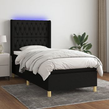 Cama Individual | Cama Box Spring | Cama Para Adultos Colchón Y Luces Led Tela Negro 80x200 Cm Cfw393531