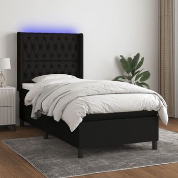 Cama Individual | Cama Box Spring | Cama Para Adultos Colchón Y Luces Led Tela Negro 90x190 Cm Cfw159953