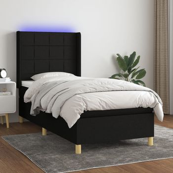 Cama Individual | Cama Box Spring | Cama Para Adultos Colchón Y Luces Led Tela Negro 90x200 Cm Cfw619587